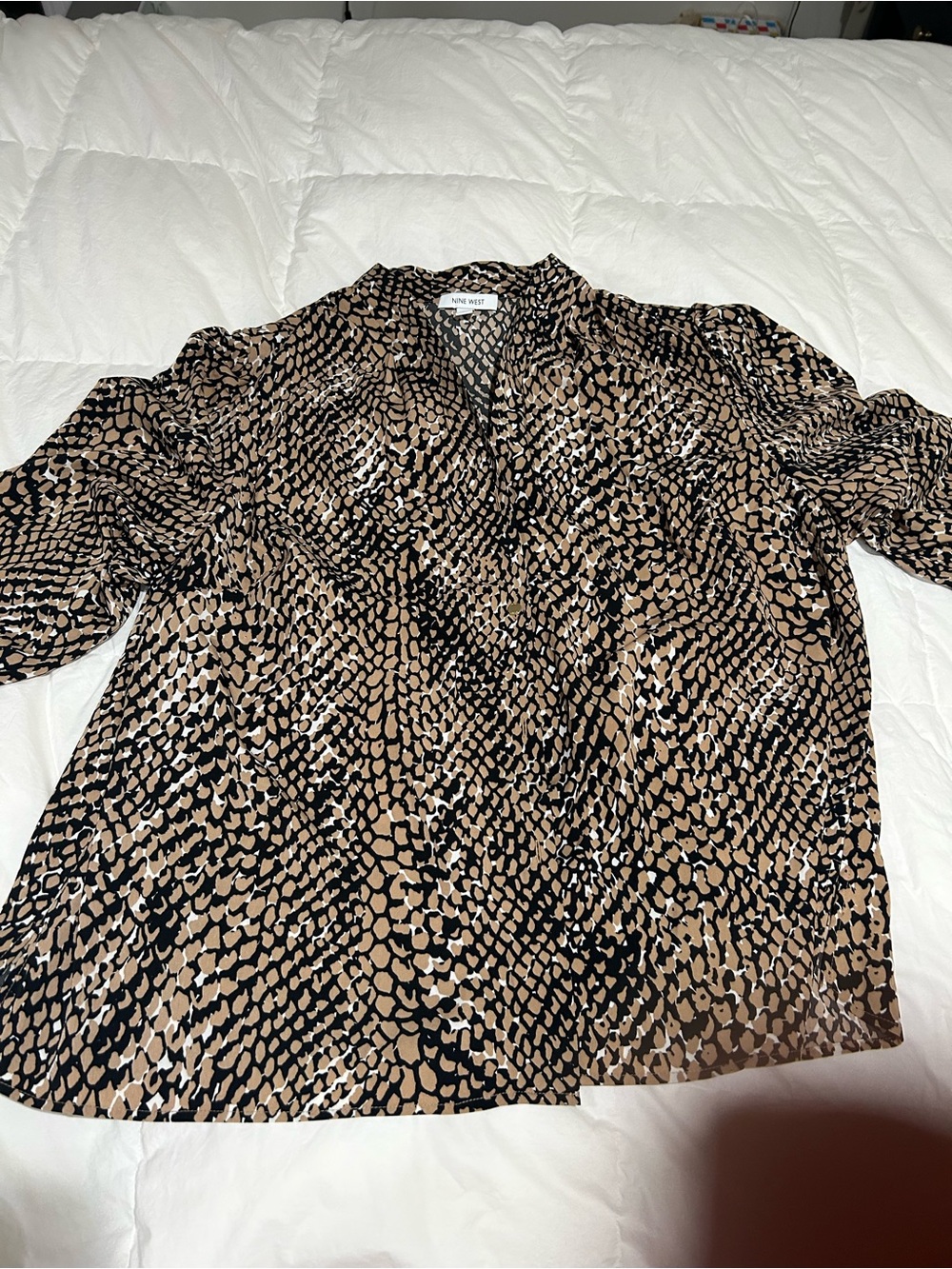 Nine West Tan and Black Animal Print V-Neck Blouse